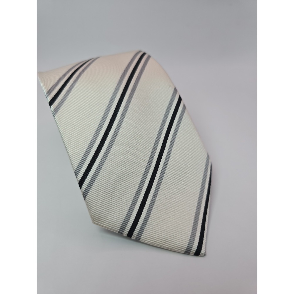 The Tie Bar Silk Repp Tie Ivory Stripe Stain Resistant 3.5 X 62 In